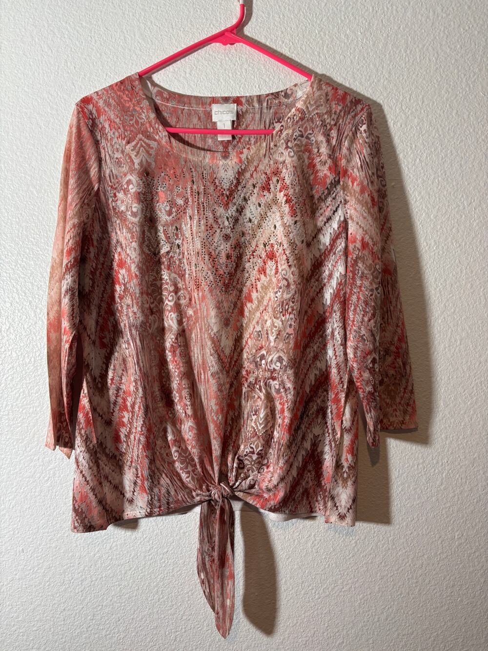 Chico's Size 1 (Medium) Pink Beige Tie Knot 3/4 Sleeves Boho Embellished Top